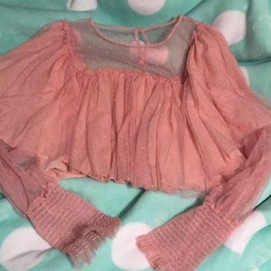 3XL Pink ruffle and mesh long sleeve crop top